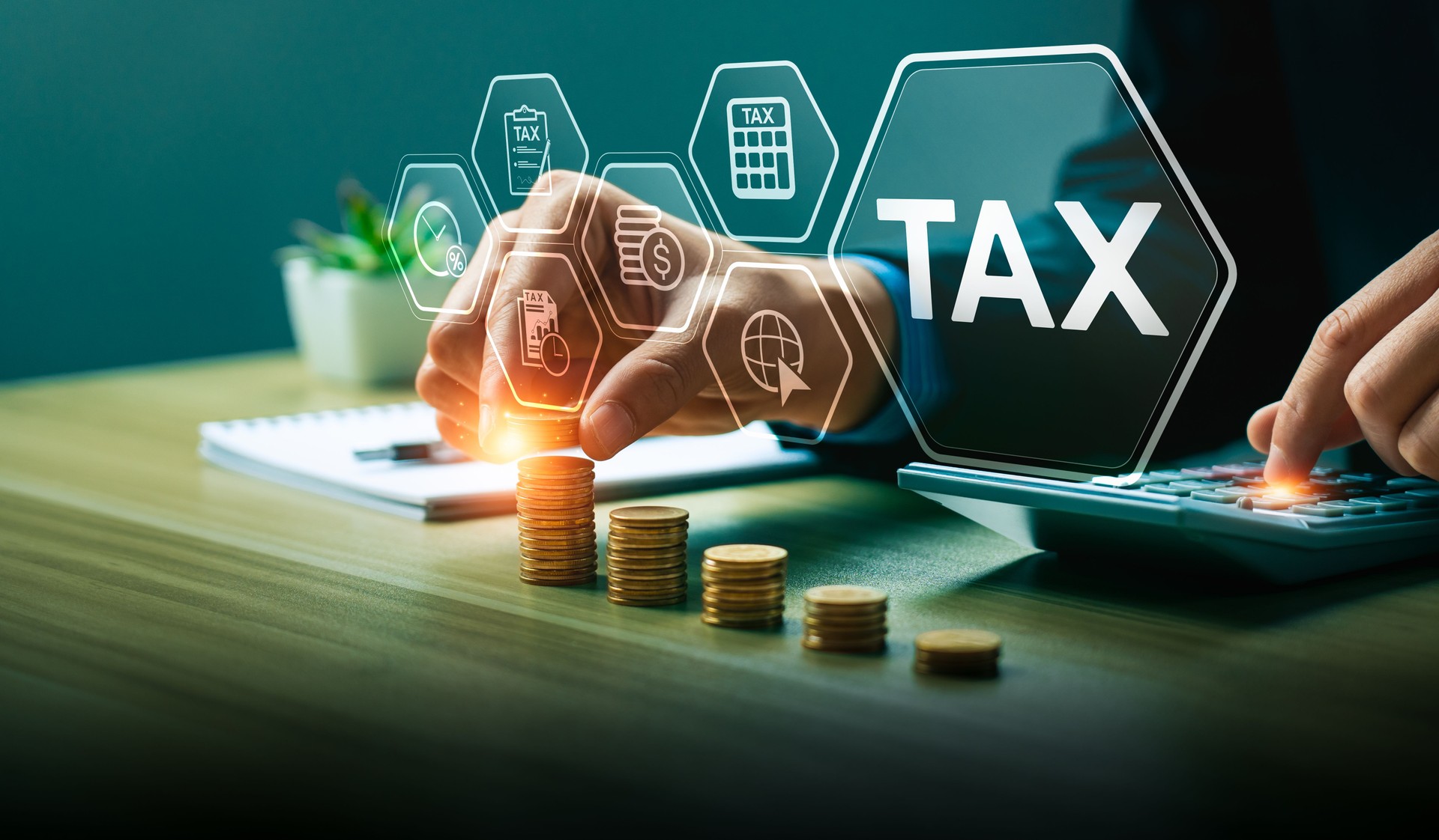 Businessperson managing taxes with digital interface, stacking coins and using calculator for financial planning, tax calculation, and economic strategy, Accurate Financial Planning, Taxation Strategy