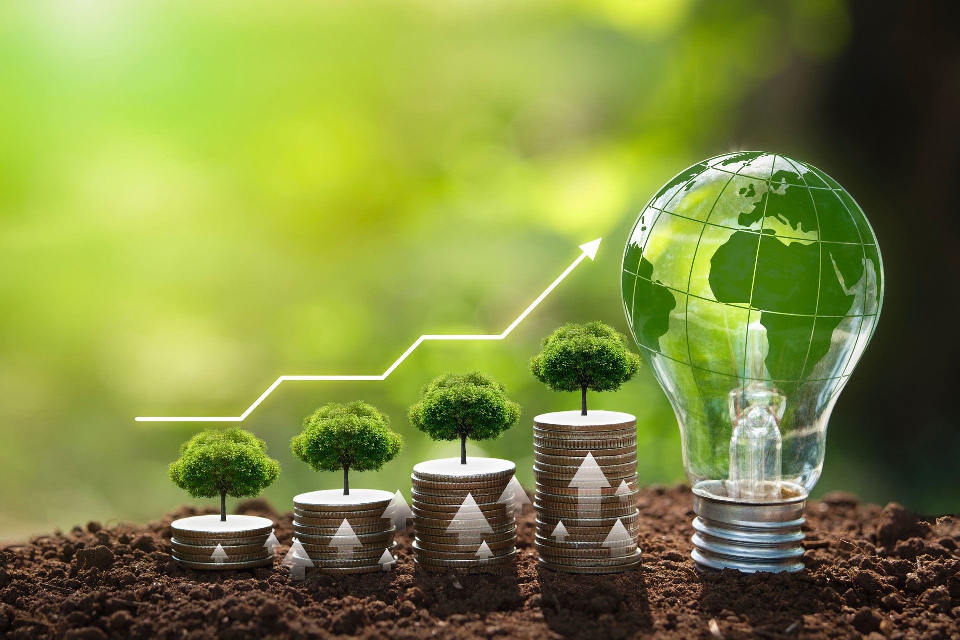 green investment Light bulb with world map and a coin with a tree with graph pointing up Illustrations on green investment, sustainability, renewable energy, including carbon credits.